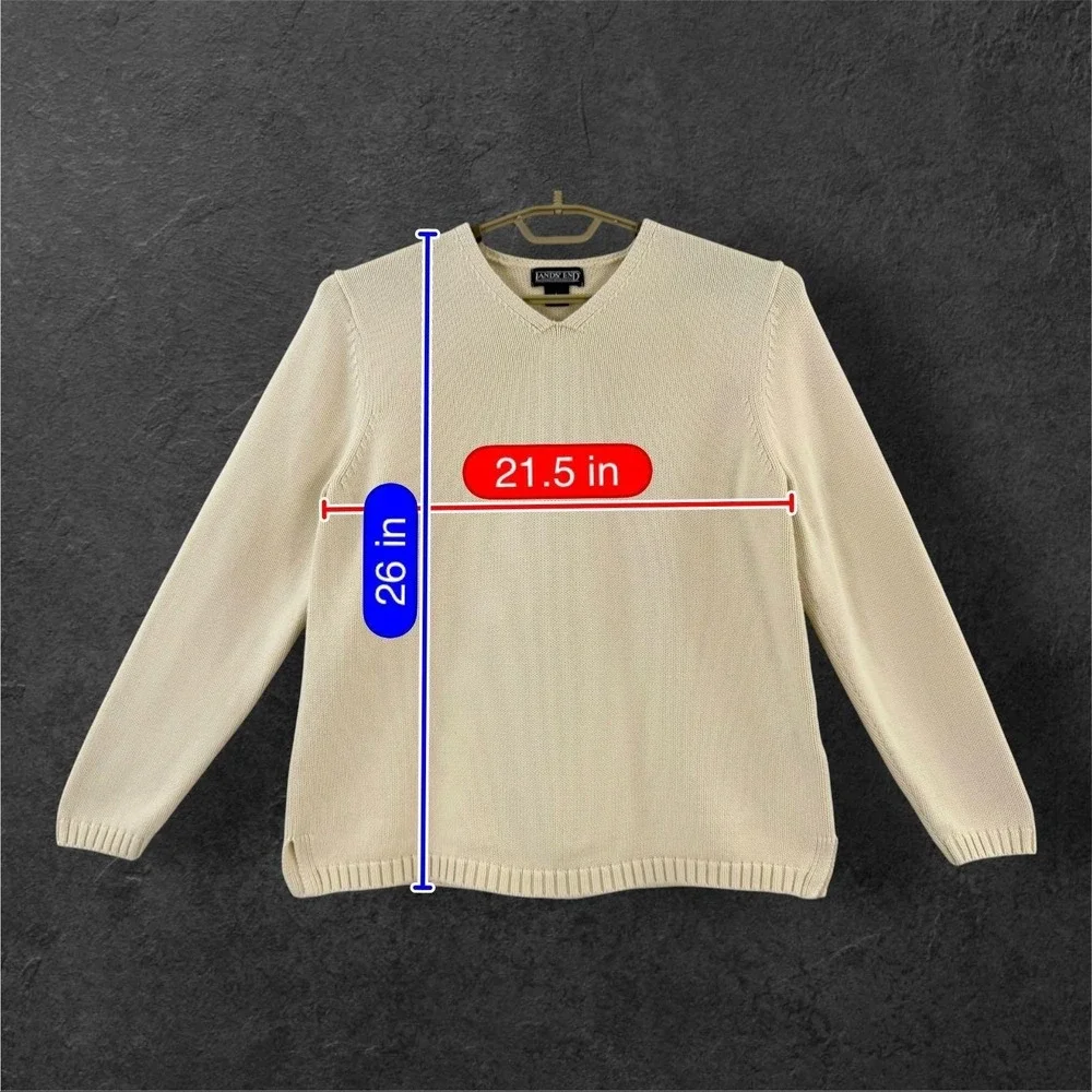Lands' End Sweater Womens Large Cream Cotton V Neck Knit Pullover Hong Kong